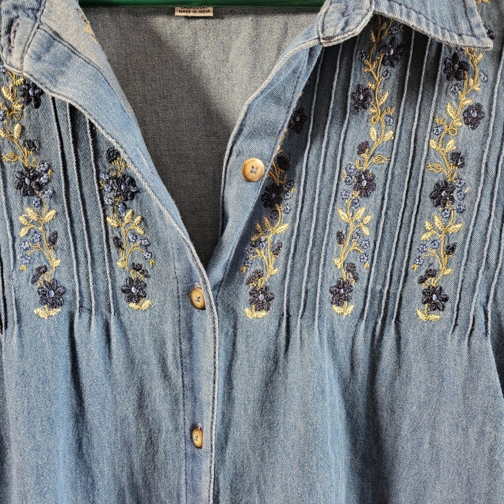 Essentials By Maggie Denim Button Front Midi Flor… - image 2